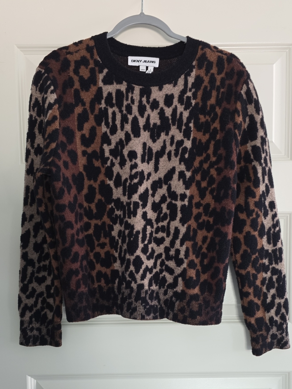 DKNY Leopard Print Crewneck Sweater in Brown and Black